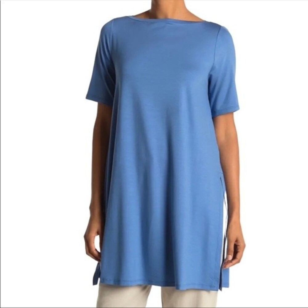 Eileen Fisher coast blue boat neck short sleeve tunic top women’s size small